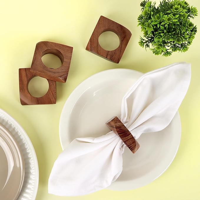 Wooden Napkin Rings Set of 12 Fall Decor for Home Square Acacia Wood Napkin Holders for Dining Table Settings Wood Napkin Ring Rustic Table Décor for Weddings, Parties, and Everyday Use - CLEENTABLE