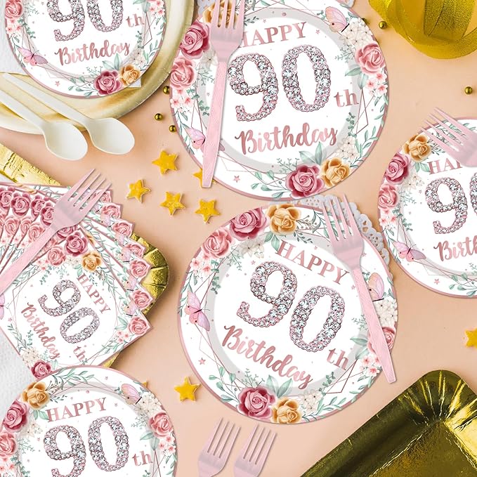 96Pcs 90th Birthday Party Decorations for Women Disposable Tableware Set -Rose Gold Floral Happy 90th Birthday Paper Plates Napkins Forks 90 Years Old Theme Party Supplies Serve 24 Guests