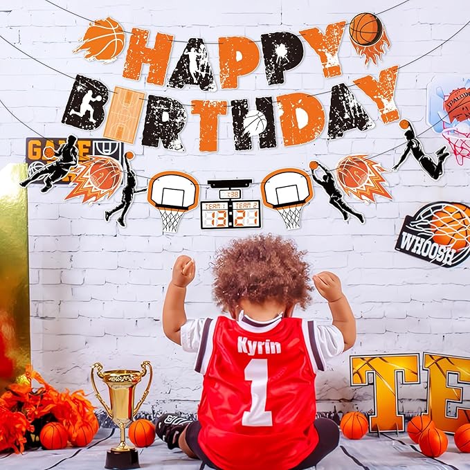 SUNBEAUTY Basketball Happy Birthday Banners，Basketball Themed Party Decorations, Basketball Themed Party Supplies Basketball Slam Dunk Garland Birthday Party Bunting Sign for Kids Teenagers Boys Men
