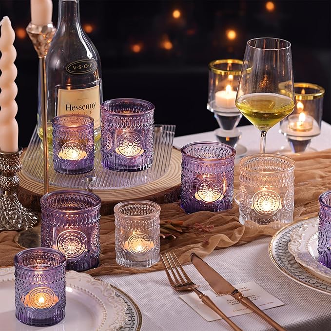 Volens 20pcs Assorted Purple Votive Candle Holders Bulk, Large Glass Votive & Tea Light Candle Holder for Wedding Table Centerpieces, Purple Party Decorations, and Home Decor