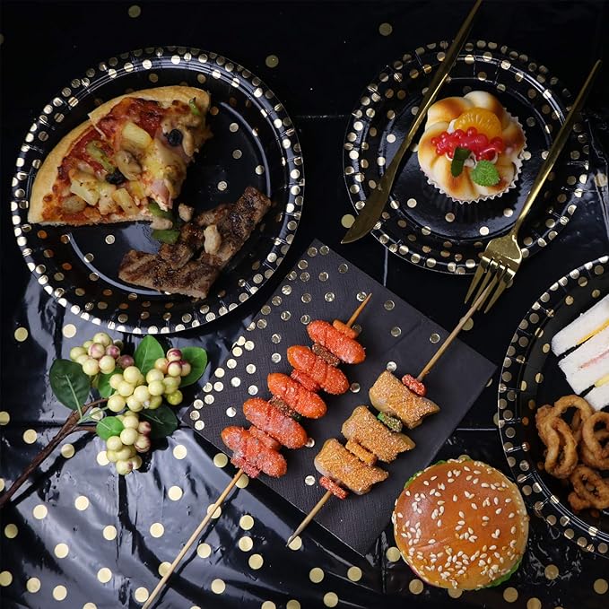 4 Pack Plastic Tablecloths for Rectangle Tables, Black and Gold Waterproof Disposable Party Table Cloths, Table Covers for Decorations, New Year Graduation Birthday Cocktail, 54" x 108"