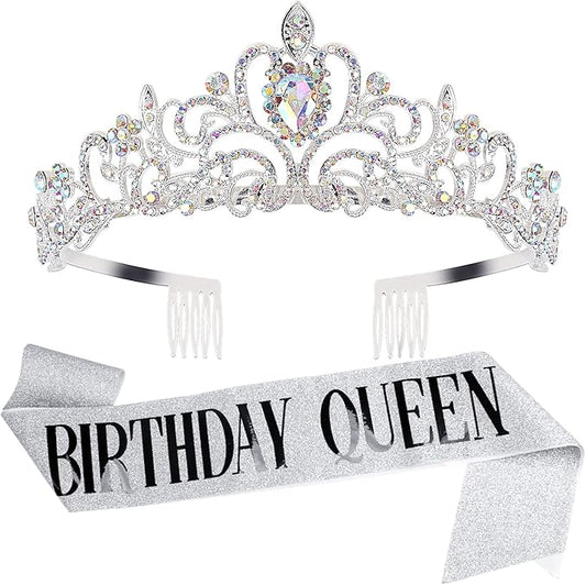 Velscrun Birthday Queen Tiaras Crown for Women, Girls Princess Crowns for Women, Queen Tiara for Mom, Silver Birth Crown Headband Birth Sash, 30th 40th 50th Birthday Prom Party Decorations for Mother
