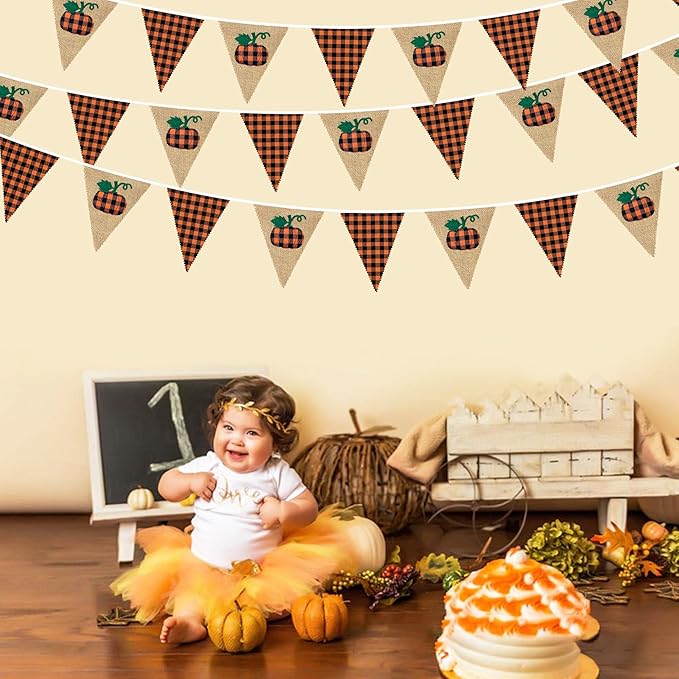 24Ft Burlap Banner - Fall Pumpkin Plaid Pennant Triangle Flag Garland Streamers - Fireplace Decor for Thanksgiving Day, Rustic Autumn Birthday Parties