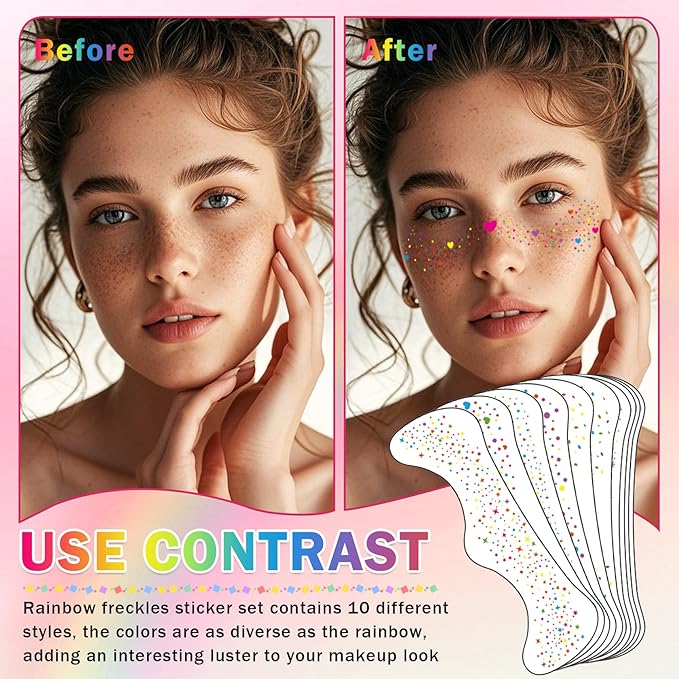10 PCS Multi-color Glitter Freckles Facs Tattoos, Rainbow Freckles Makeup Patches, Long Lasting Glitter Temporary Tattoos for Halloween Christmas Party