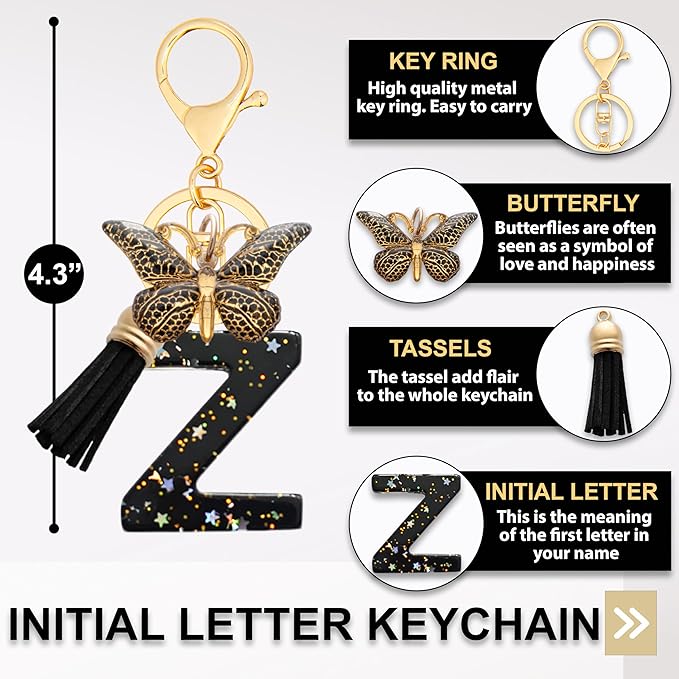 Initial Letter Keychain, Butterfly Keychain Cute Resin, Initial Keychain Backpack Charms, Key chain for Women, Girls