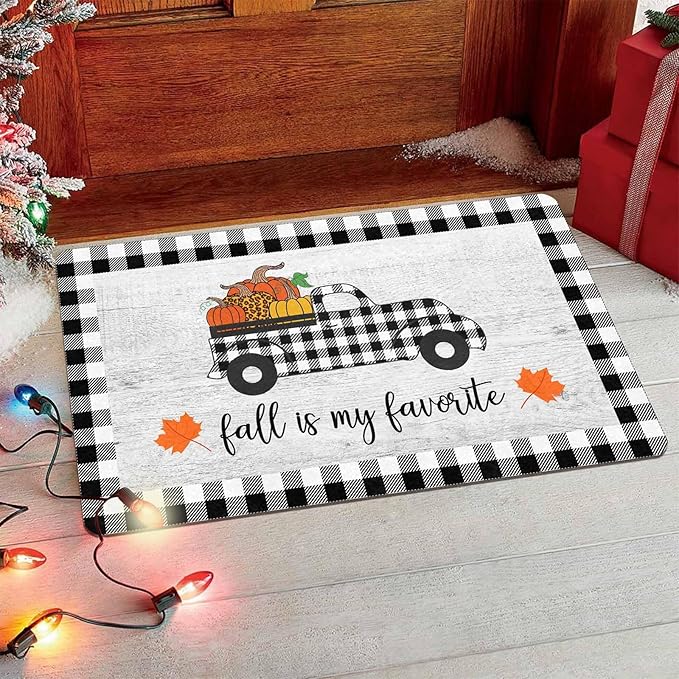 InterestPrint Thanksgiving Welcome Doormat, Fall Truck Harvest Pumpkin Doormat for Front Door Outdoor Outside Entrance Porch Non Slip Rubber Rug Autumn Thanksgiving Farmhouse Decor, 24"x16"inch