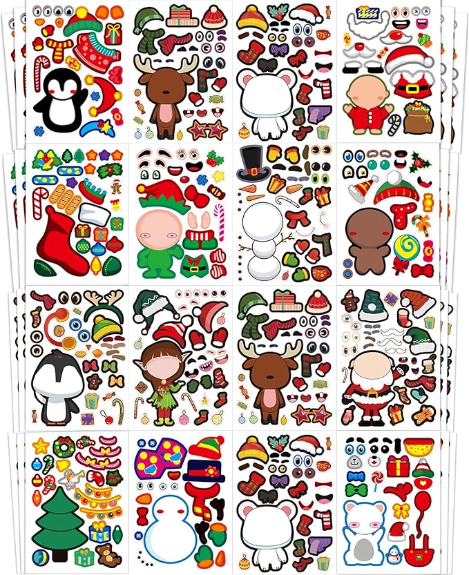 Aowplc Christmas Stickers 42 Sheets Make a Face Stickers for Kids Christmas Crafts Activities Games Party Favors Supplies