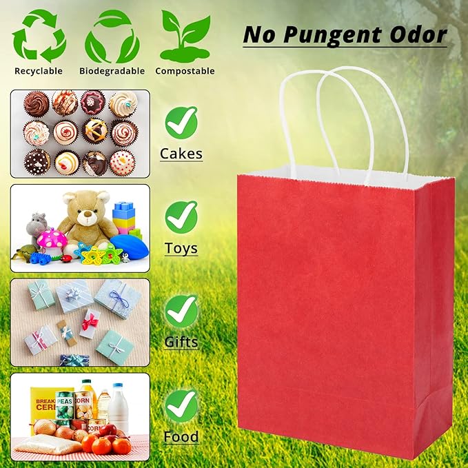 100 Pack 5.9x3.15x8.26 inch Small Gift Bags, Kraft Red Bags with Handles Bulk for Birthday Party Favors,Gift Paper Bags,Retail Shopping Business Goody Craft Gift Bags