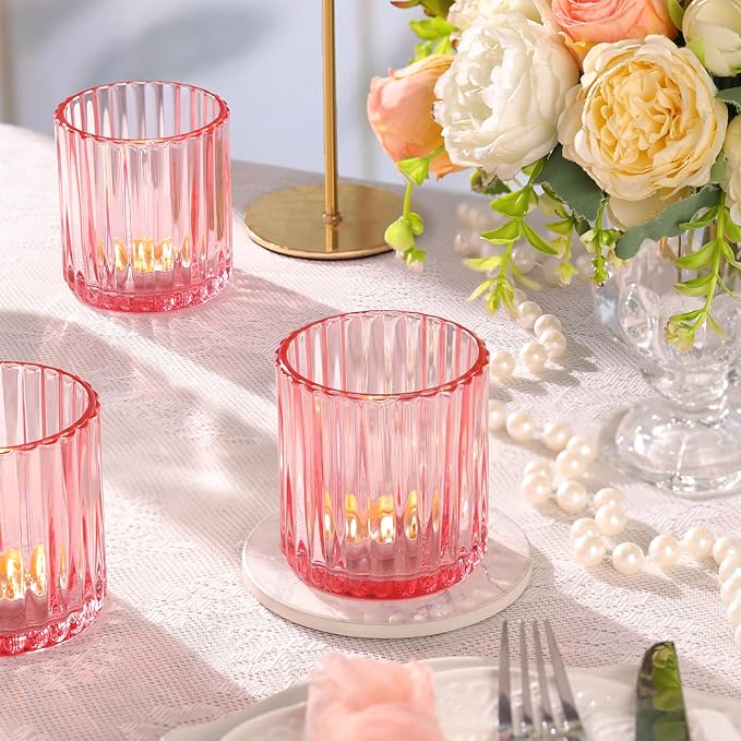 Pink Large Votive Candle Holder Set of 8, Tea Lights Candle Holders for Wedding Table Centerpieces. Boho Decor, Home Dinner Birthday Party Decor, Bridal Shower and Holiday Decorations