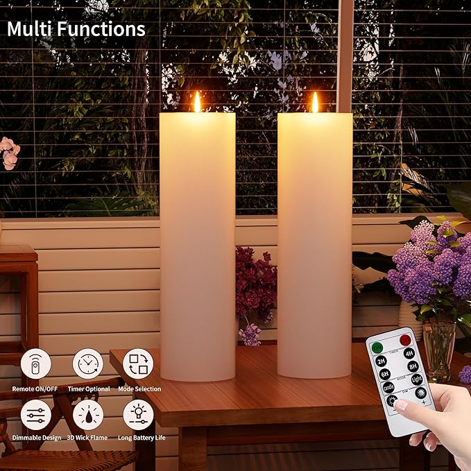 14" x 4" Large Outdoor Candle with Timer Waterproof Flickering LED Flameless Candle Battery Operated with Remote Fake Pillar Candle Realistic for Patio Porch Lantern, White 1 Pack