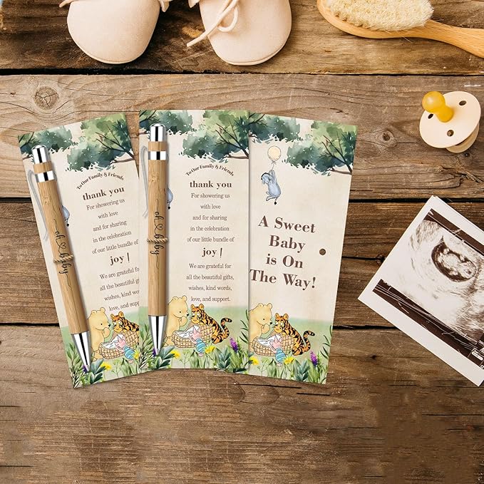 30 Pieces Baby Shower Gifts for Guests, Winnie Baby Shower Sets, Included Bamboo Pens Greeting Cards for Games, Gender Reveal Souvenirs Prizes, Winnie Baby Shower Decorations