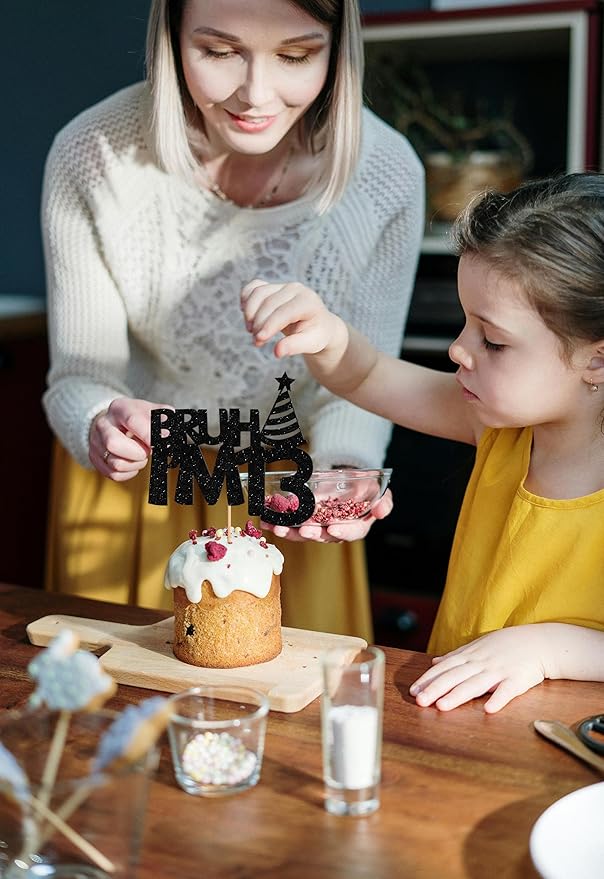 Bruh I’m 13 Cake Topper - Glitter Black 13th Birthday Cake Decorations, 13 Years Old Birthday Cake Smash Decor (13)