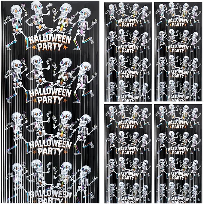 GOER Foil Curtain Backdrop for Halloween Party Decorations| Metallic Tinsel Halloween Theme Photo Booth Props (5 Pcs)