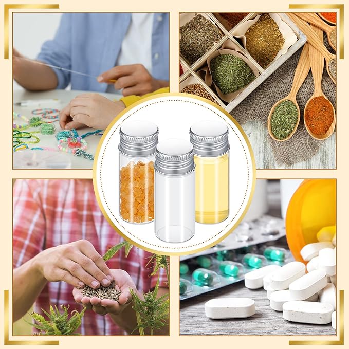 50 Pcs Small Clear Vials Spice Mini Jars with Lids Mini Glass Bottles with Screw Aluminum Metal Caps Tiny Jars Sample Containers for Powder Cream Cosmetic Jewelry Wedding (10 ml,Silver Caps)
