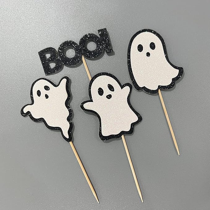24 Pack Glitter Halloween Ghost Cupcake Toppers - Baby Shower Decor Gender Reveal Decorations (Black)