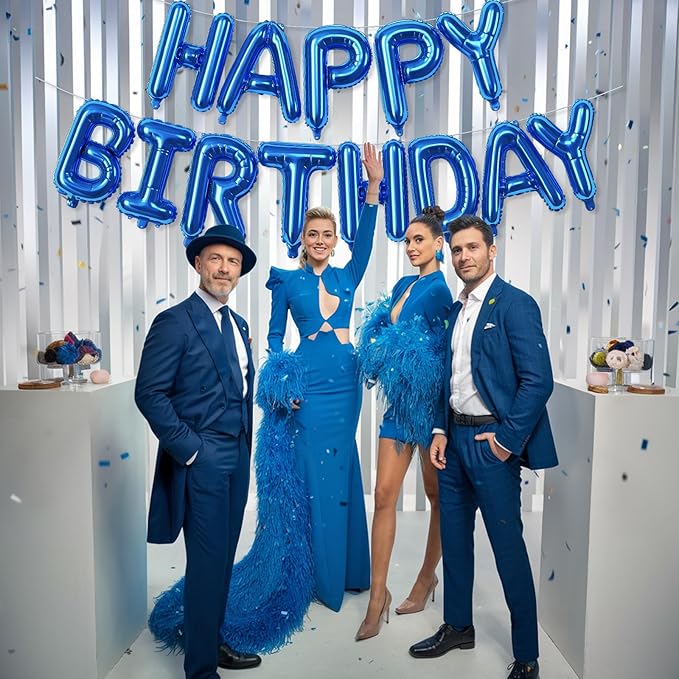 Happy Birthday Balloons Letters Banner, Blue Happy Birthday Bunting Balloon, 16 Inch Self Inflating Birthday Mylar Foil Balloons Banner with Ribbon for Boys Men Birthday Party Decorations Supplies