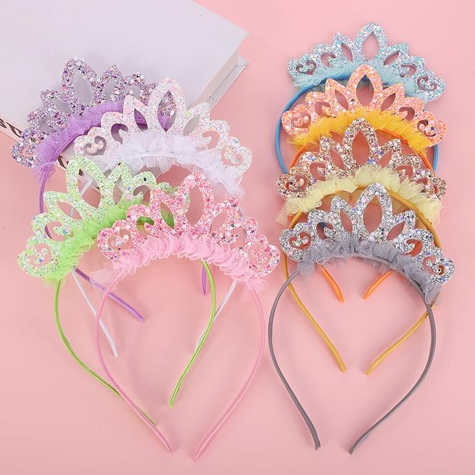 Birthday crown，8 Pack Princess Crown Headband, Glitter Sequin Crown Headband, Shiny Tiaras and Crowns Hair Accessories for Birthday Party, Proms, Gifts