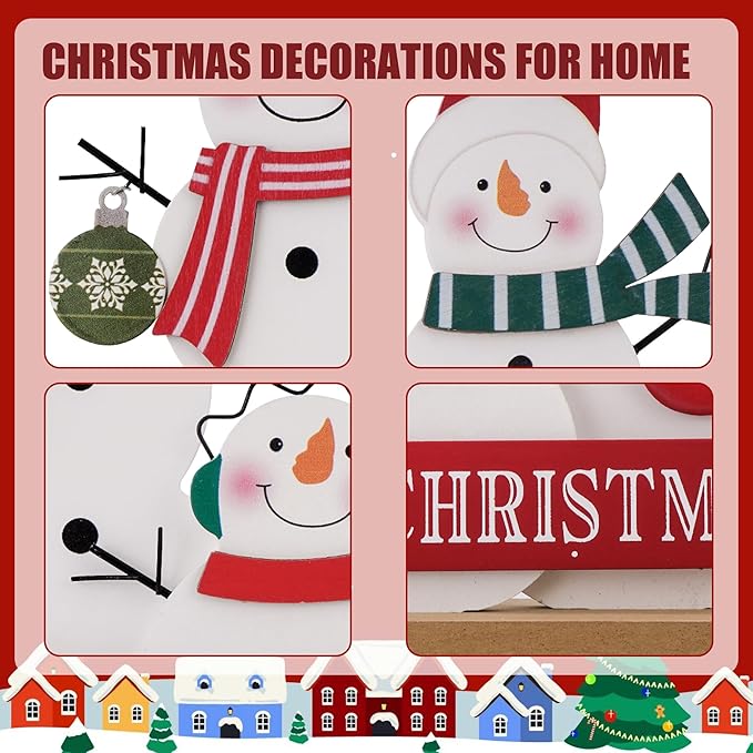Christmas Decorations for Home Farmhouse Merry Christmas Decor Indoor Wooden Snowman Sign Snowmen Family Rustic Winter Vintage Holiday Block Tabletop for Kitchen Xmas Party Mantel Tiered Tray Gift