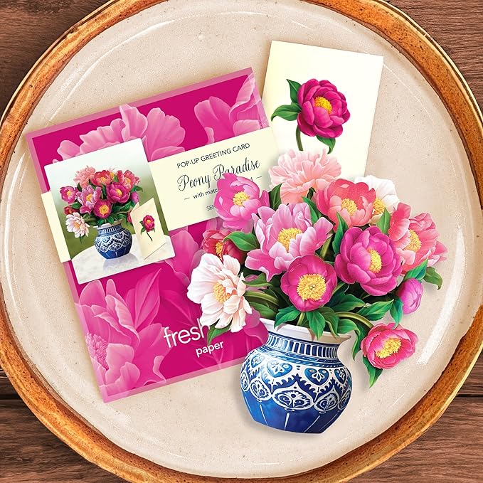 Freshcut Paper Pop Up Cards, Mini Peony Paradise (Set of 2), 6 Inch Mini Sized Forever Flower Bouquet 3D Popup Greeting Cards, Birthday Cards, Thank You Card, Teacher Gifts, Blank Notecard & Envelope