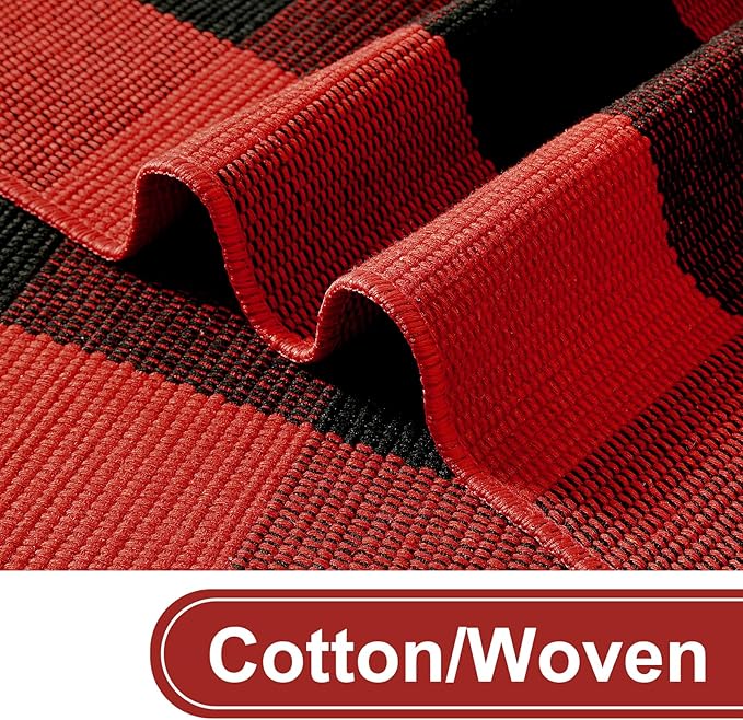 KIMODE Buffalo Plaid Outdoor Rug Red and Black 24"X35",Washable Christmas Front Door Mat,Reversible Cotton Hand-Woven Layering Rug for Front Porch Christmas Decor,Entryway,Kitchen