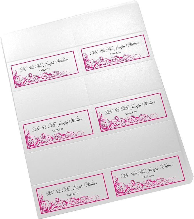 Scribble Vintage Swirl Printable Place Cards, Fuschia (Choose Color), Set of 60 (10 Sheets), Laser & Inkjet Printers - Wedding, Party, Dinner, and Special Events