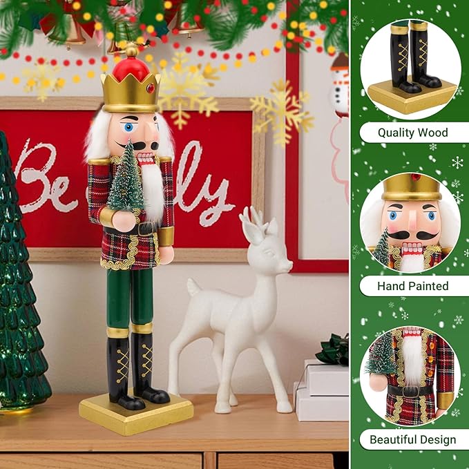 14" Wooden Christmas Tree Nutcracker, Festive Christmas Decoration, Handcrafted Nutcracker Collectible Christmas Decor for Tabletop, Shelves, and Fireplace Mantel(Christmas Tree)