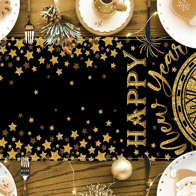 Seliem Happy New Year 2026 Table Runner, Black Gold Stars Clock Celebration Kitchen Dining Table Decor, Golden Fireworks Christmas Winter Home Decoration Indoor Outdoor Party Supply 13 x 72 Inches