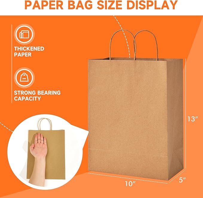 METAPRINT 100pcs Large Brown Paper Bags with Handles in Bulk, 10x5x13 Kraft Gift Bags, Recyclable Shopping Bags for Retail, Birthday, Parties & Weddings