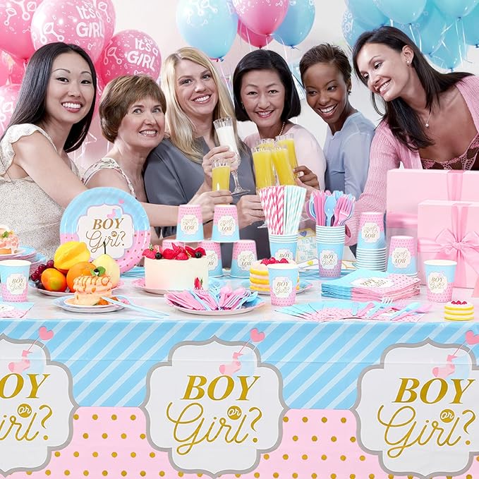 452 Pcs Gender Reveal Party Decorations Include Boy or Girl Paper Plates Napkins Cups Tablecloth Cutlery Straws Blue and Pink Gender Reveal Party Tableware for Baby Shower Decorations