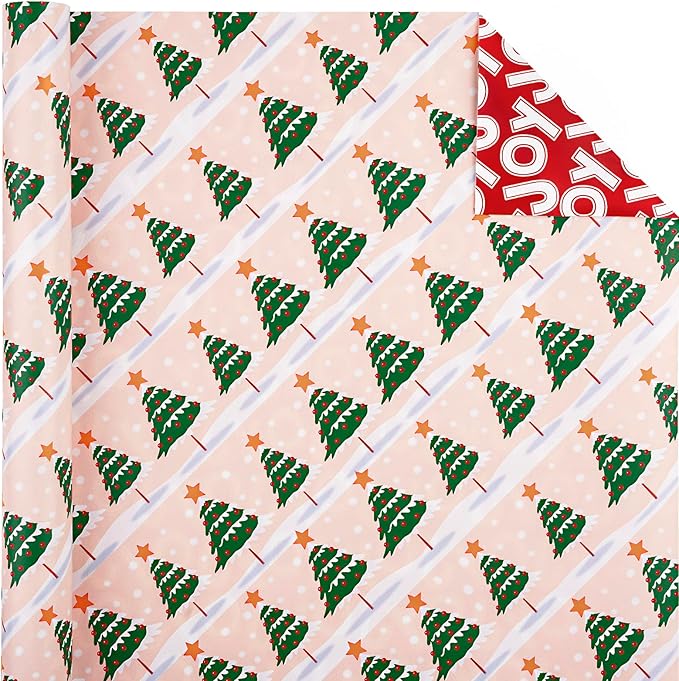 WRAPAHOLIC 30 Inch Jumbo Reversible Christmas Wrapping Paper - 30 Inch x 33 Feet - Christmas Tree Wrapping Paper with Joy Lettering Perfect for Holiday, Party, Celebration