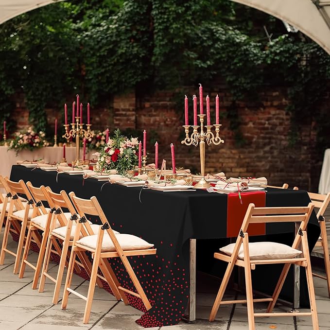 8Pack Disposable Plastic Party Tablecloths and Satin Table Runner Set Black and Red Dot Table Cloth Red Satin Table Runner for Wedding Birthday Baby Shower Anniversary Holiday Party Decorations
