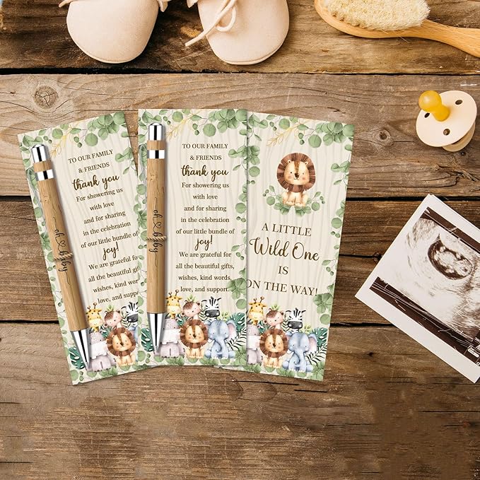 Toerifer 30 Pcs Jungle Baby Shower Gifts, Gender Reveal Souvenirs Prizes, Baby Shower Favors for 30 Guest, Included Bamboo Pens Greeting Cards, Woodland Animal Gender Reveal Party Decorations