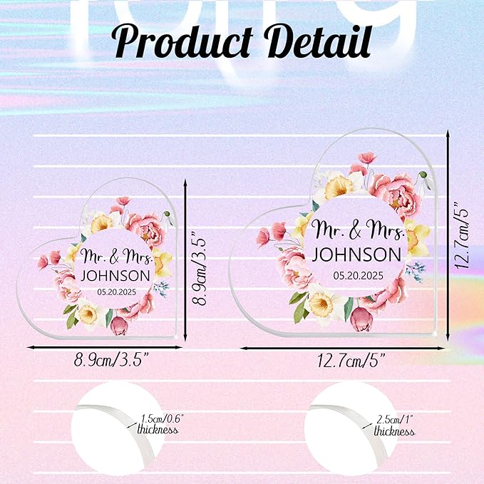 Custom Wedding Heart Acrylic Plaque,Mr & Mrs Cake Topper,Personalized Wedding Keepsake/Gift/Sign (Style 21)