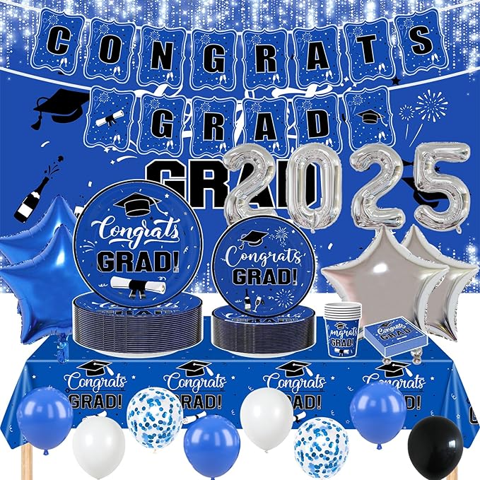 2025 Graduation Party Decorations, 195PCS Class of 2025 Decorations Include Congrats Grad Banner, Backdrop, Tablecloth,Ballons,Graduation Paper Plates,Cups and Napkins