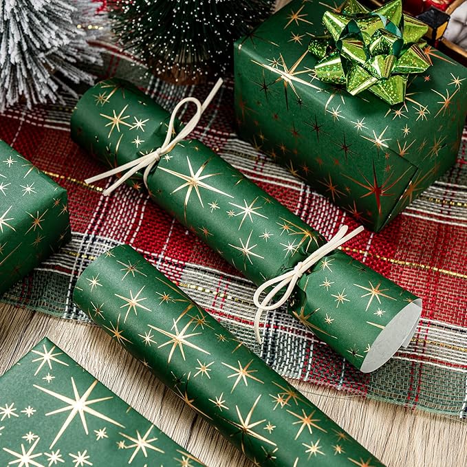Garbendy Green Christams Wrapping Paper Roll- 17 Inch X 32.8 Feet - Embossing 3D Emerald Green with Gold Foil Star Design for Christmas, Birthday, Wedding, Baby Shower, Bridal Shower, Party