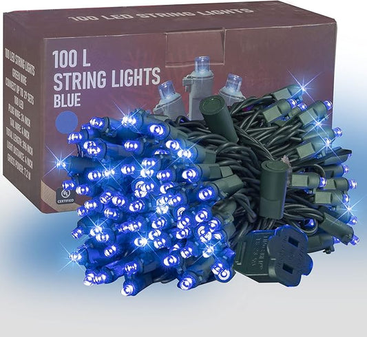 Dazzle Bright 33FT 100 LED Christmas String Lights Indoor Outdoor Waterproof, Blue With Green Wire, Twinkle Plug-in for Tree Room Bedroom Wedding Decorations