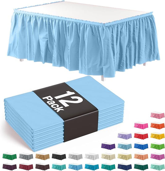 Exquisite Ruffle Table Skirt Light Blue 12 Pack 14 Ft Long Table Skirts for Rectangle Tables 6ft Plus or Round Tables Skirts with Adhesive Strip for Gender Reveal Decor & Happy Birthday Parties