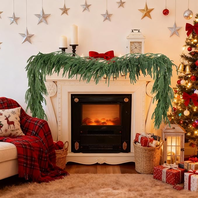2 Pcs 6 Ft Artificial Norfolk Pine Garlands, Real Touch Winter Pine Garland, Green Artificial Greenery Garland for Table, Mantle, Wall, Indoor, Outdoor Christmas Decorations (2, 6 FT)
