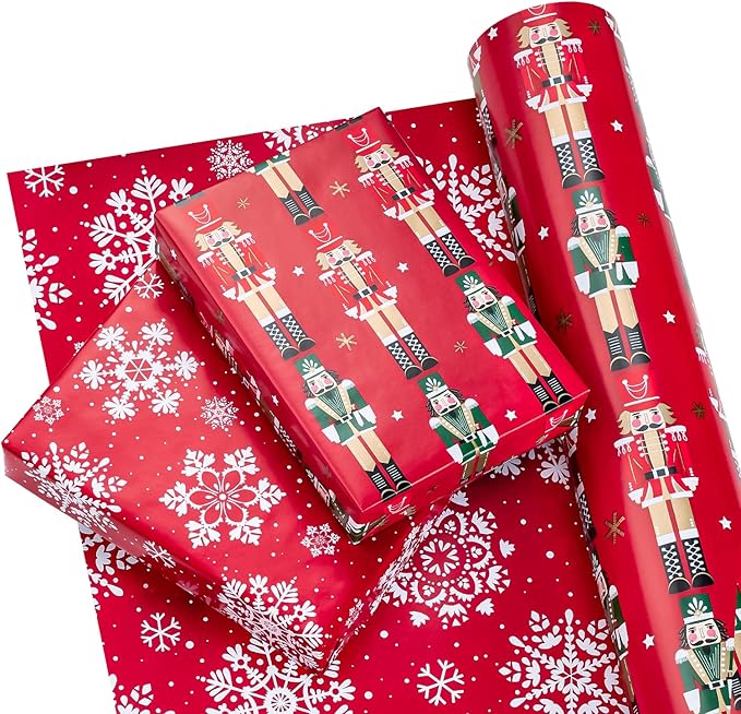 WRAPAHOLIC 30 Inch Jumbo Reversible Nutcracker Christmas Wrapping Paper - 30 Inch x 33 Feet - Red Nutcracker and Snowflake Wrapping Paper for Christmas, Holiday, Party