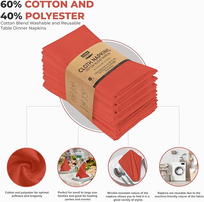 Utopia Kitchen Coral Cloth Napkins [12 Pack, 18x18 Inch] Absorbent Cotton Blend Washable and Reusable for Dinner, Restaurant, Lunch, Wedding and Hotel