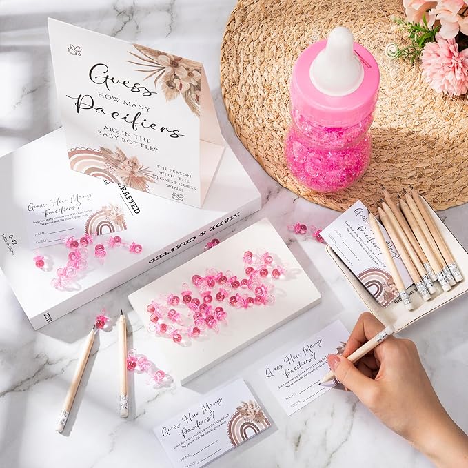 Roowest 512 Pcs Baby Shower Games Guess How Many Pacifiers Sign 100 Small Guessing Games 10 HB Pencils 750ml Milk Bottle 400 Acrylic Pacifiers Decoration for Guest Gender Reveal(Pink,Sunshine)