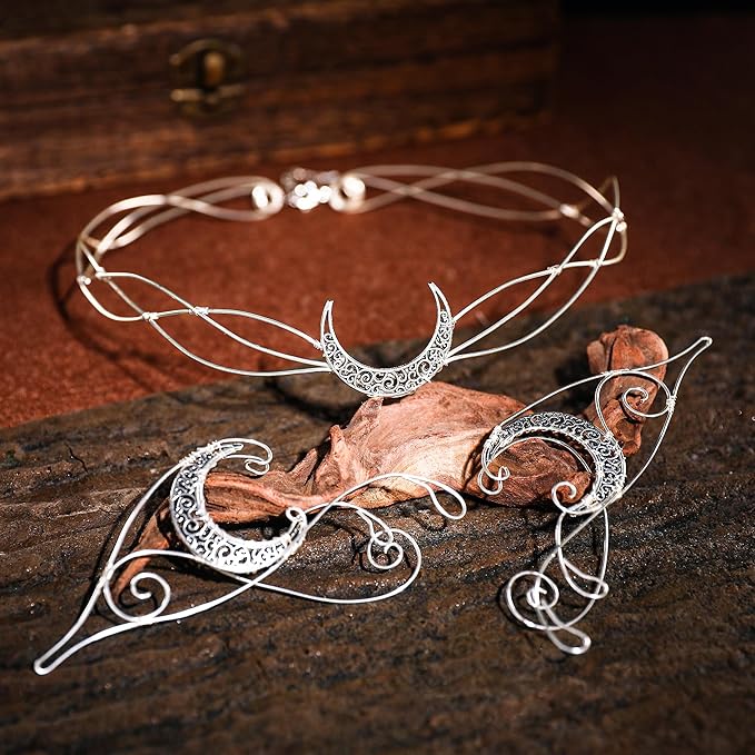 Renaissance Fairy Tale Costume Set - Elf Ear Cuff Earrings Decorative Medieval Fairy Winding Tiara Crown for Cosplay