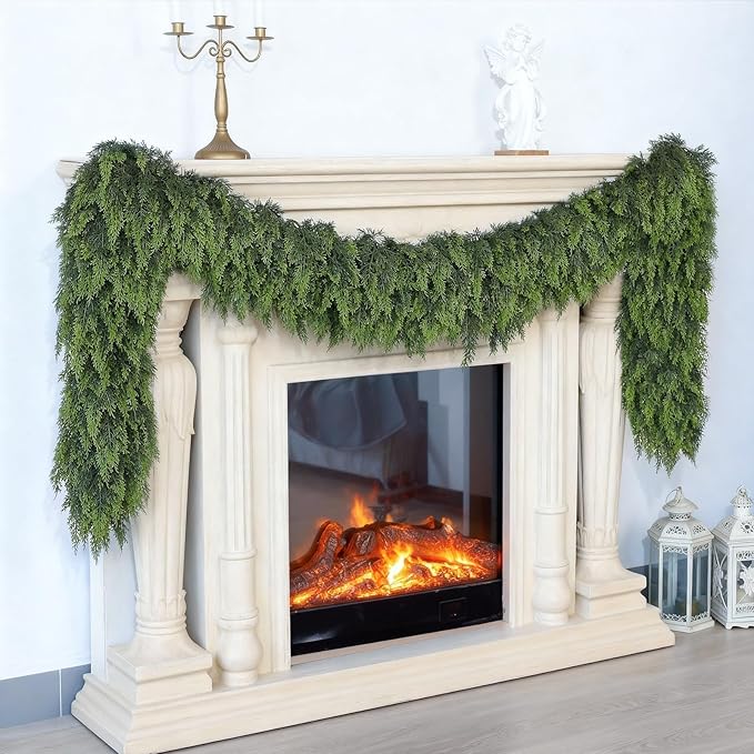 5FT Cedar Garland for Fireplace - Artificial Christmas Garland Thick and Lush Realistic Faux Cedar Fake Pine Needles Garland for Table,Window,Stairs,Mante,Indoor Outdoor Decor (2PCS)