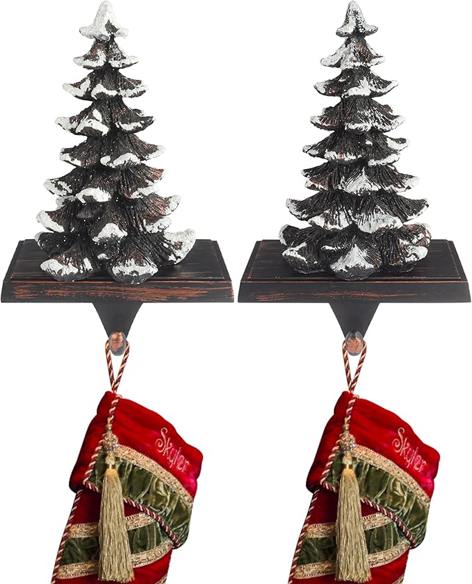 2025 New Christmas Stocking Holders for Mantle Set of 2 Snow Brown Vintage Xmas Tree with Non-Skid Stockings Holders for Fireplace Home Decor Holiday Gifts Christmas Decorations Indoor Supplies