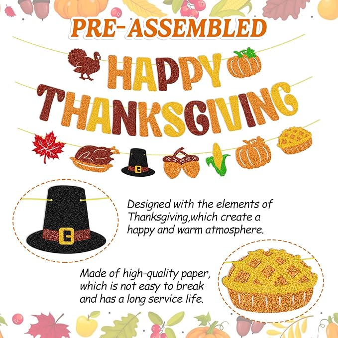 Happy Thanksgiving Banner Thanksgiving Day Garland Fall Maple Leaves Autumn Pumpkin Pie Turkey Harvest Theme Banner Thanks Giving Party Decorations