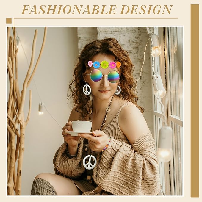 Batiyeer 6 Pcs Hippie Costume Accessories Set, Boho Peace Sign Daisy Flower 60s 70s Party Favors Decor for Groovy Party Women(Sliver)
