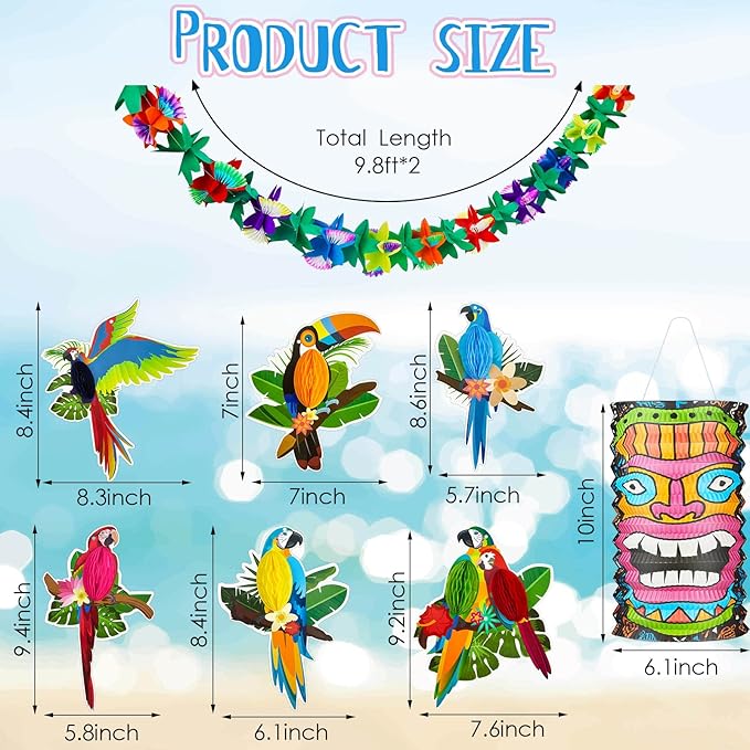12 Piece Luau Party Decor Set 9.8 ft Hawaiian Tropical Hibiscus Garland Party Decoration Hawaii Paper Tiki Lanterns Tropical Birds Honeycomb Cutouts for Summer Birthday Hawaiian Themed Parties