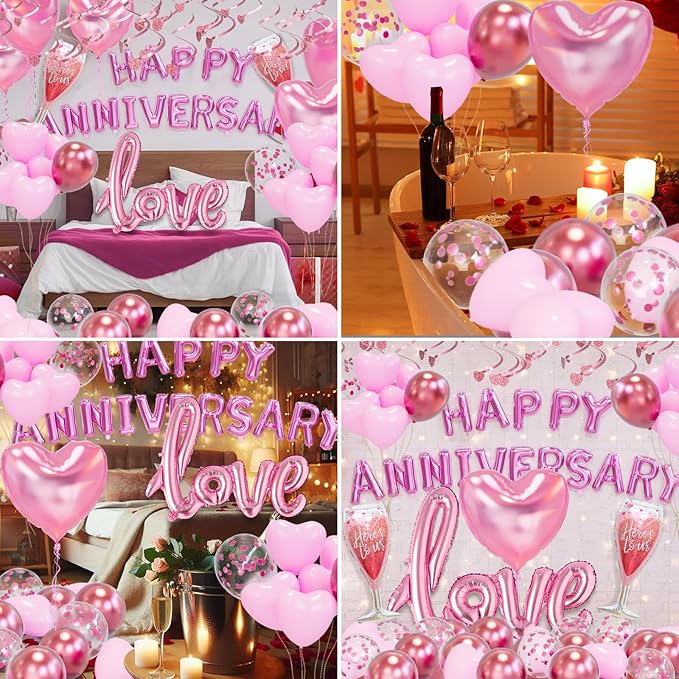 Pink Valentine's Day Balloons Kit With Happy Anniversary Banner - Heart Balloons for Decorations and Anniversary