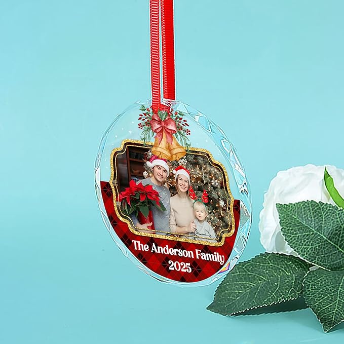 Personalized Christmas Ornament with Photo for Family, Custom Picture Crystal Ornaments for Christmas Tree Decorations, Unique Customized Xmas Decor Ideas for Family (#PGO07)