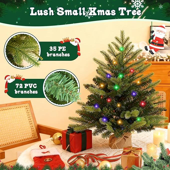 Joyhalo 2ft Small Christmas Tree with Lights Multicolor and Warm White, Pre Lit Table Top Christmas Tree with Remote, 107 Branches Mini Xmas Tree for Room Office Classroom Decoration